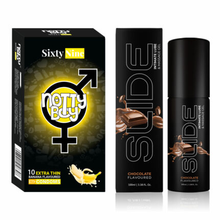 Notty Boy SLIDE Water Based Personal Lubricant and Intimate Massage Gel - 100ml (Chocolate Flavored) & Thin Banana Flavor Condom - Pack of 1,10pcs