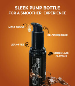 Sleek pump bottle of Slide intimate lube with chocolate flavor