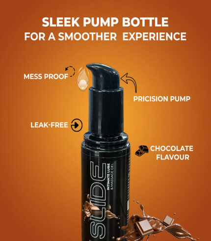 Sleek pump bottle of Slide intimate lube with chocolate flavor