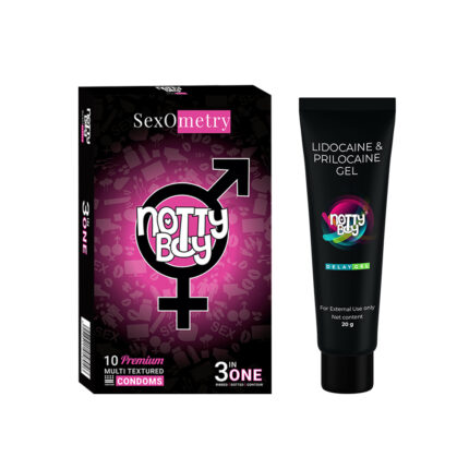 Notty Boy Long Last Delay Gel For Men -20 gm & Ribbed, Dotted, Contour 3-In-One Flavored Condom – (Pack of 1,10 pcs)